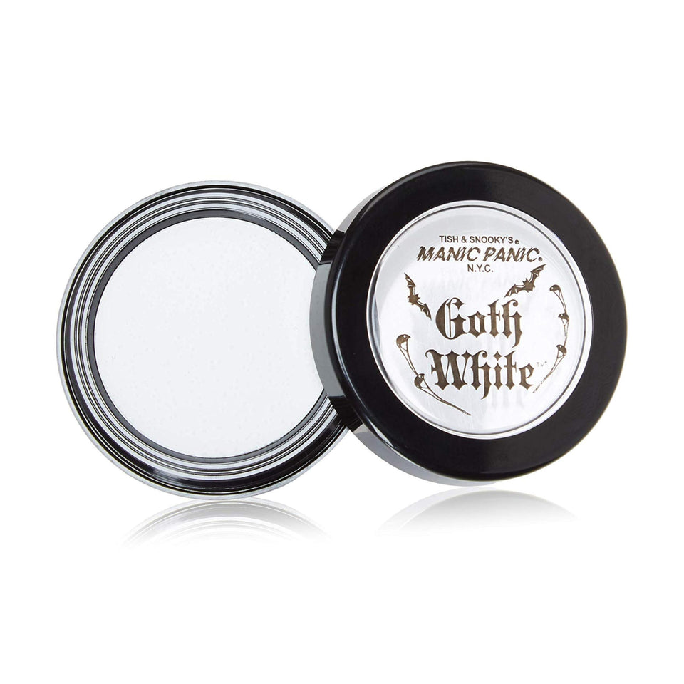 MANIC PANIC front packaging of goth white foundation showing product label and jar benefit bold base