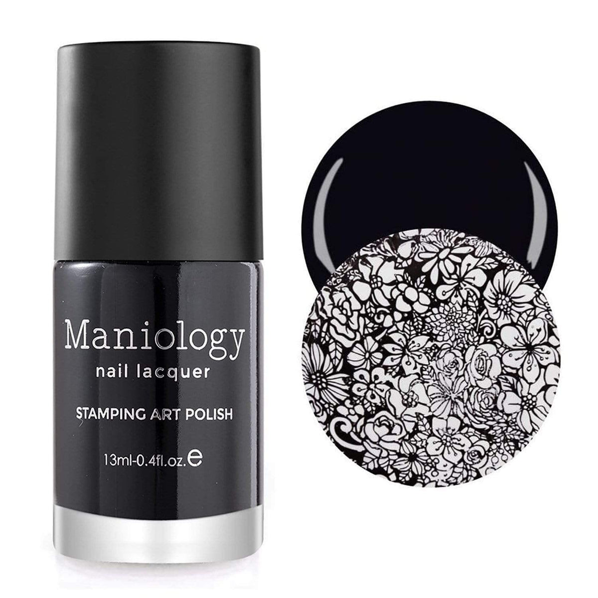 Close-up of stamped nail plate with Maniology polish showing crisp detail