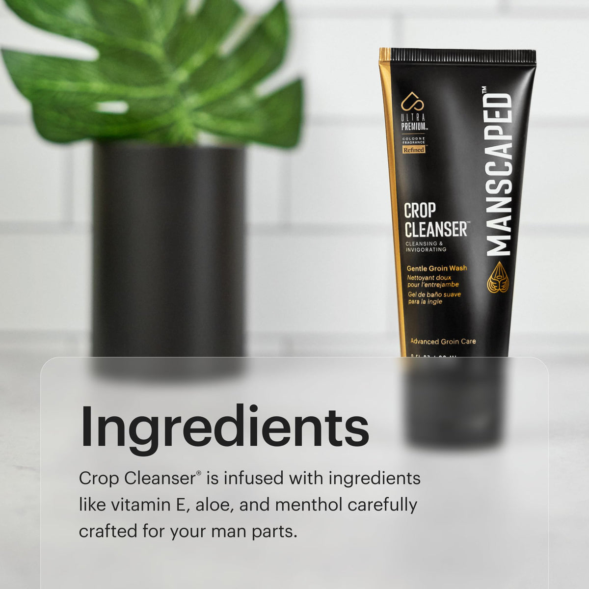 MANSCAPED bottle next to hand illustrating compact travel-friendly size