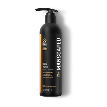 MANSCAPED front packaging showing bottle and pump for easy dosing