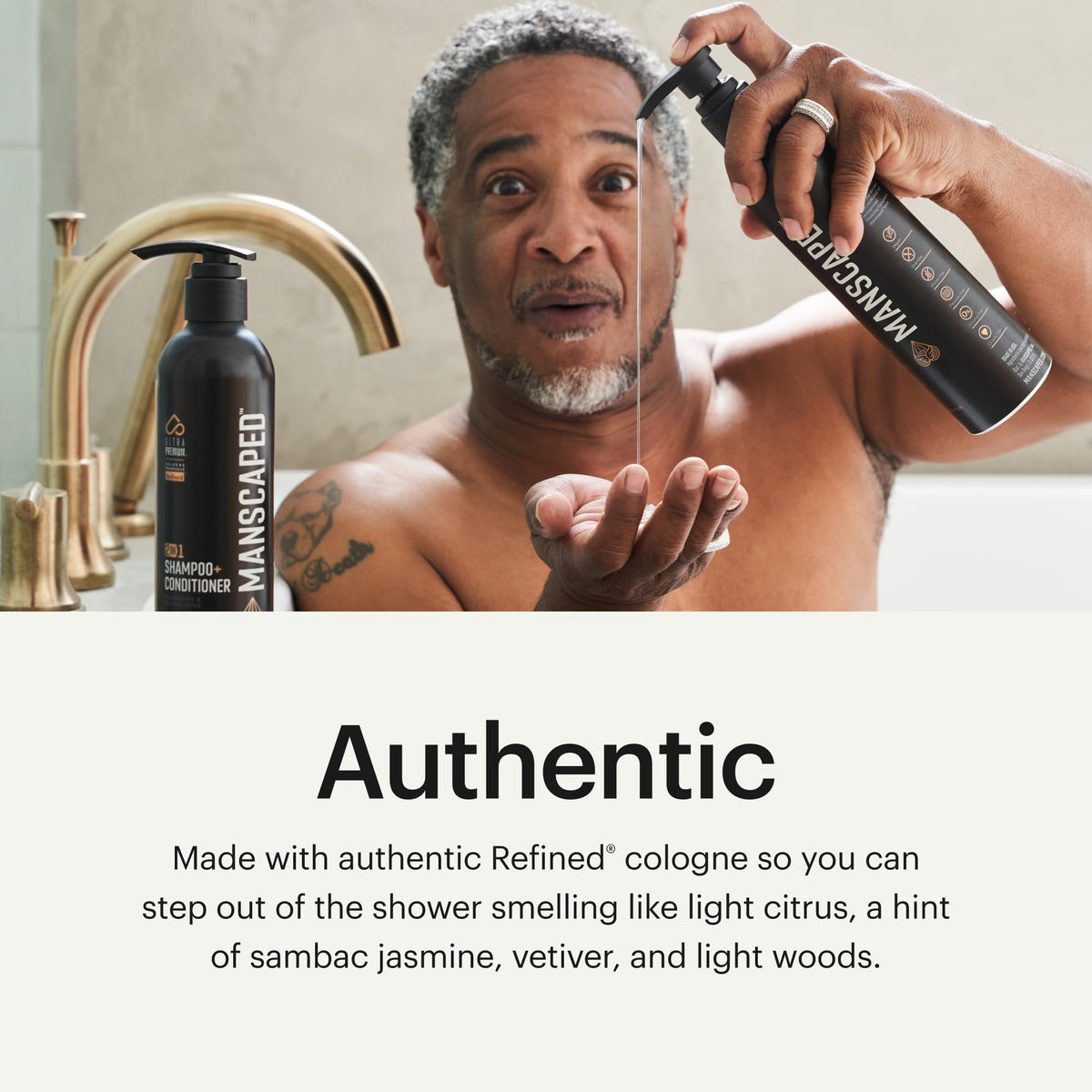 MANSCAPED label closeup highlighting refined cologne scent notes for fresh fragrance