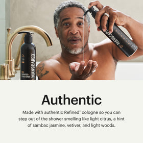 MANSCAPED label closeup highlighting refined cologne scent notes for fresh fragrance