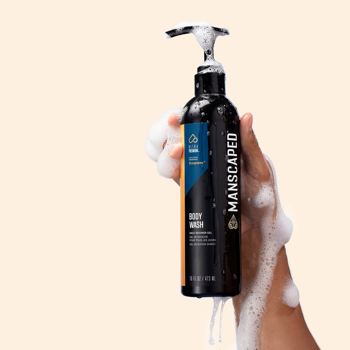 MANSCAPED Persevere pump dispensing gel, demonstrating easy one-handed use benefit