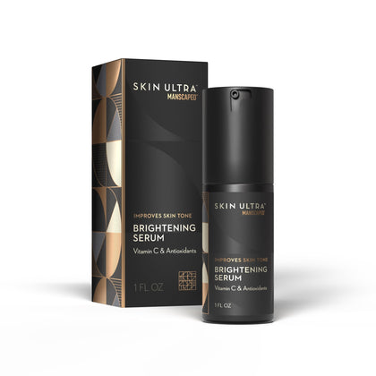 MANSCAPED front bottle of Skin Ultra Brightening Serum shows packaging and benefits