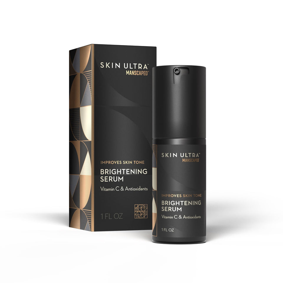 MANSCAPED front bottle of Skin Ultra Brightening Serum shows packaging and benefits