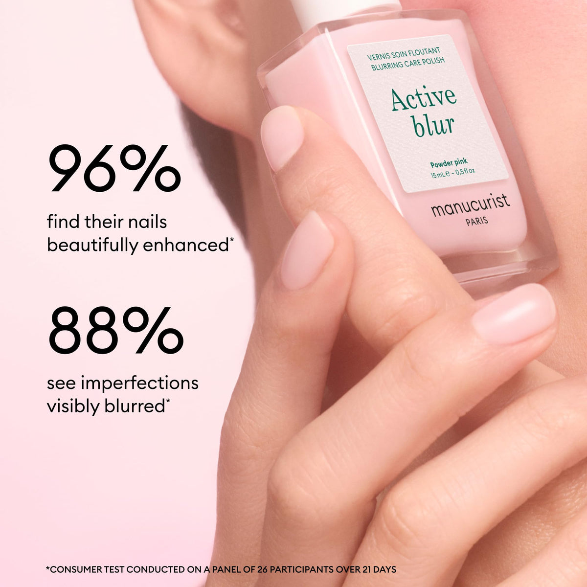 Manucurist two-coat close-up revealing velvety matte finish and blurred ridges benefit