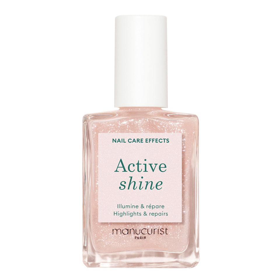 Manucurist Active Shine front bottle showing glossy nude polish and benefits