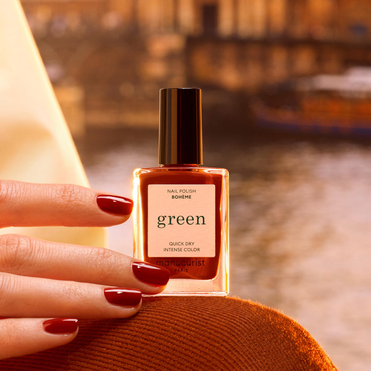 Manucurist Bohème swatch on hand illustrating opaque color and natural shine