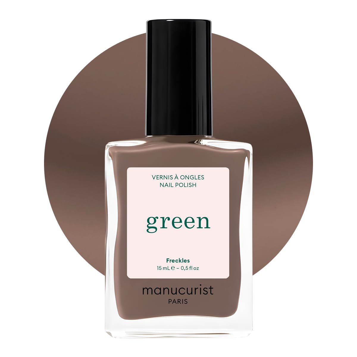 Manucurist Freckles front bottle showing label and elegant brown shade benefit: clear brand info