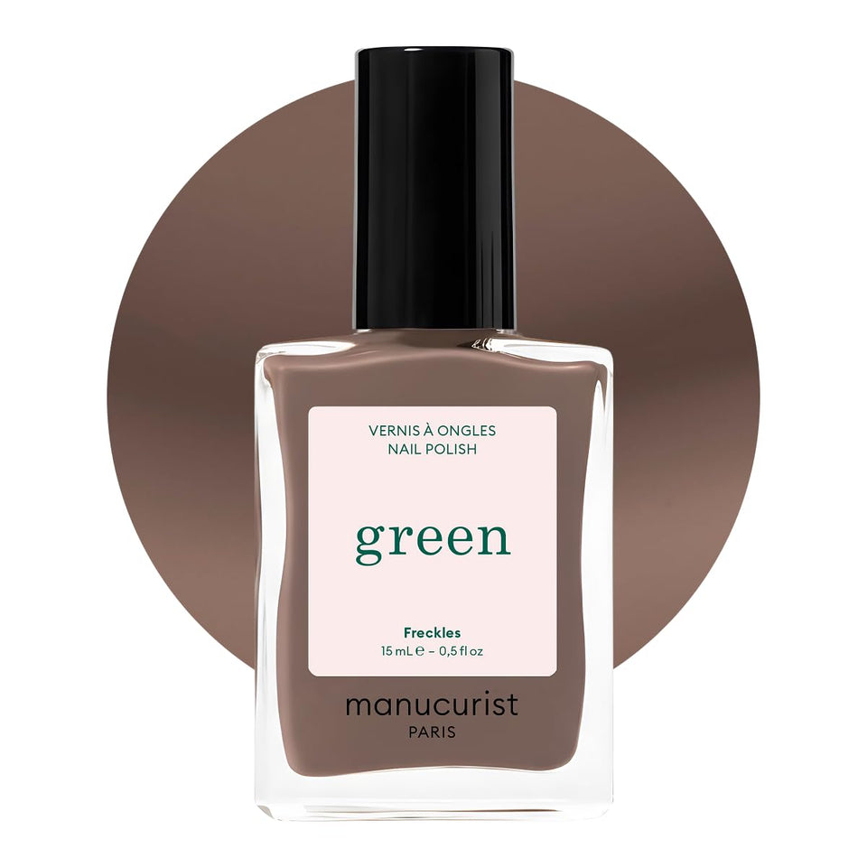 Manucurist Freckles front bottle showing label and elegant brown shade benefit: clear brand info