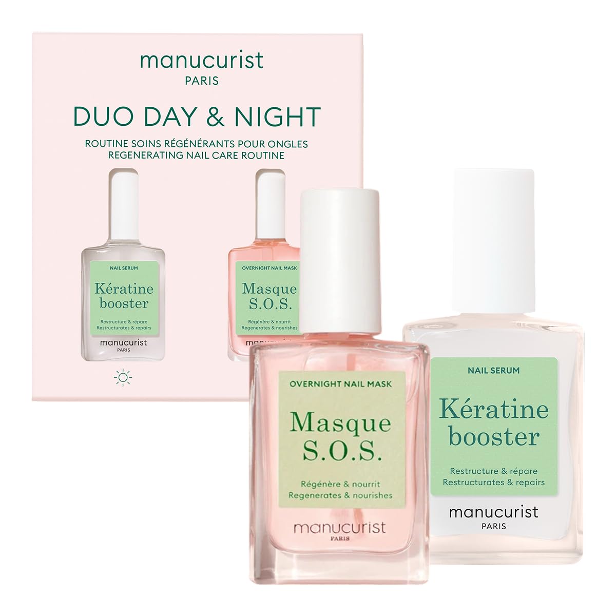 Manucurist front packaging of the day and night nail kit showing both products and benefits