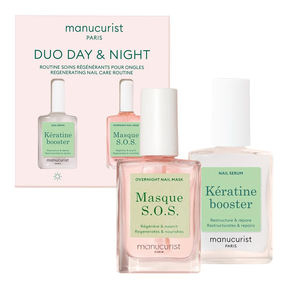 Manucurist front packaging of the day and night nail kit showing both products and benefits