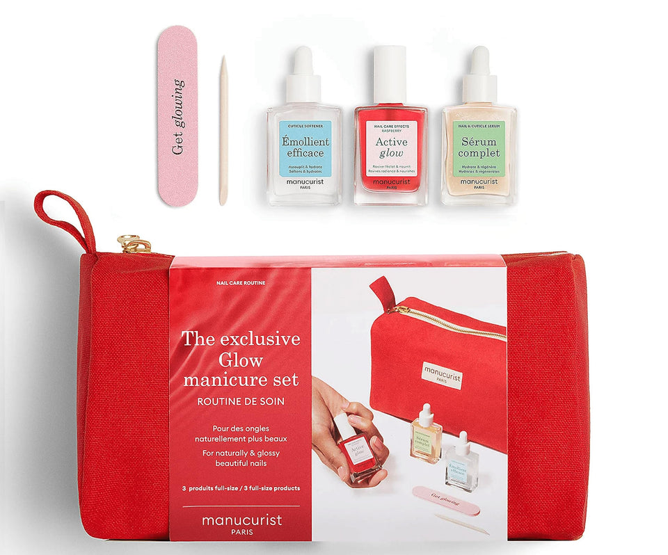 Manucurist red pouch kit front view showing products and travel convenience
