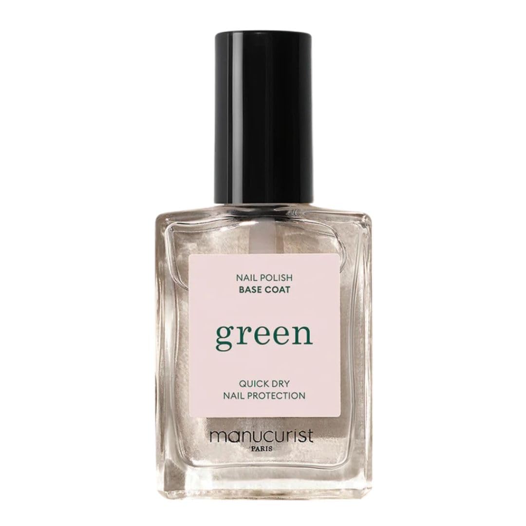 Manucurist bottle front view showing green base coat packaging and clear finish benefits