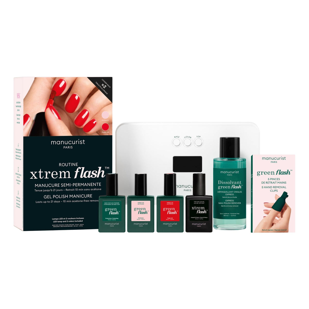 Manucurist kit front packaging shows full Green Flash set and benefit of complete at-home manicure