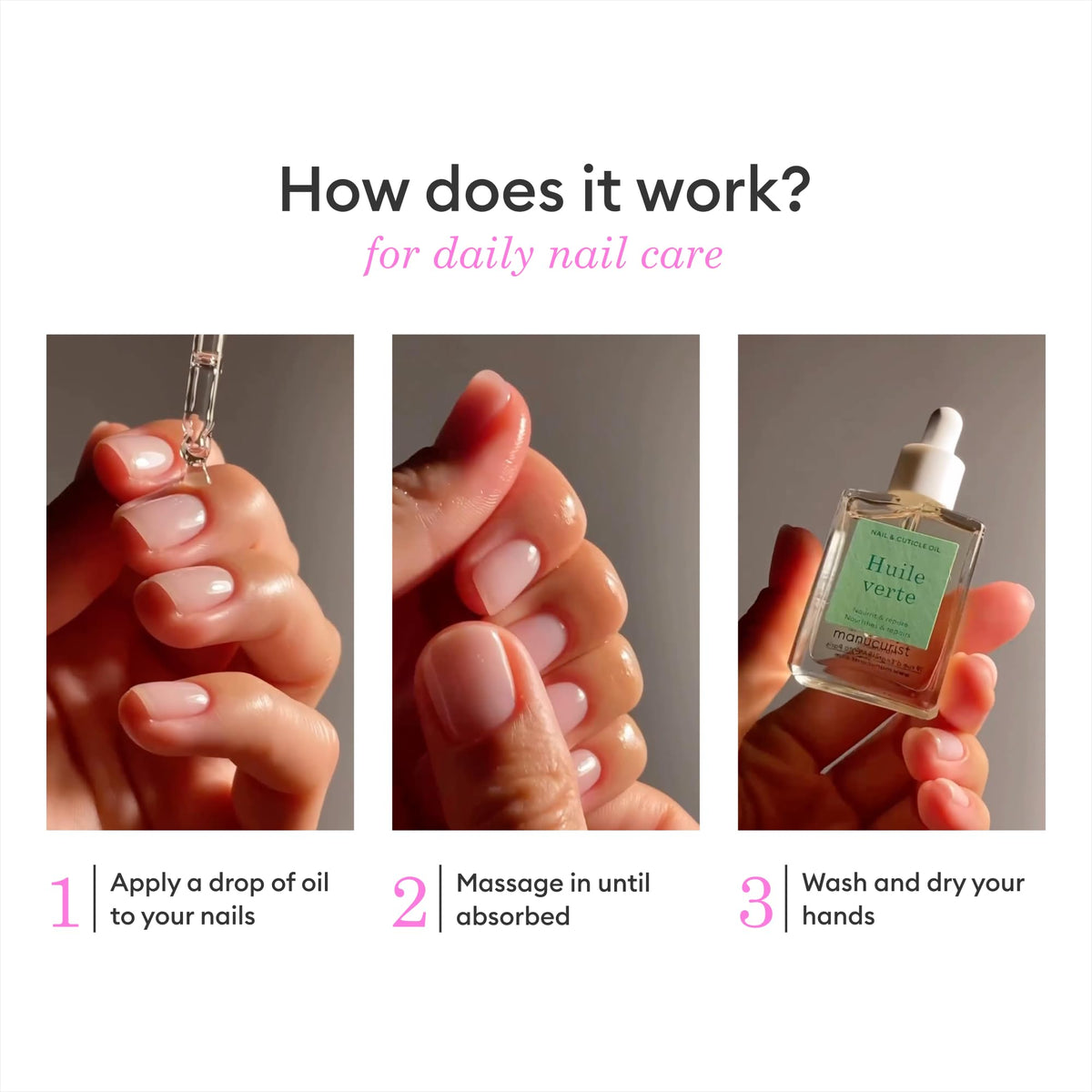 Manucurist Green Oil applicator dispensing a drop for precise topical benefit