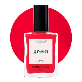 Manucurist Green Spicy front bottle showing vibrant pop-red color and eco appeal