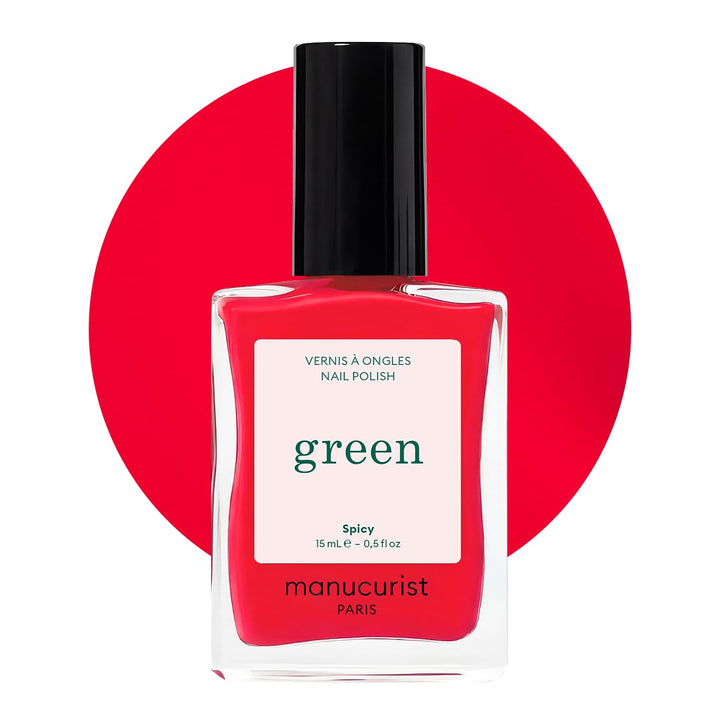 Manucurist Green Spicy front bottle showing vibrant pop-red color and eco appeal