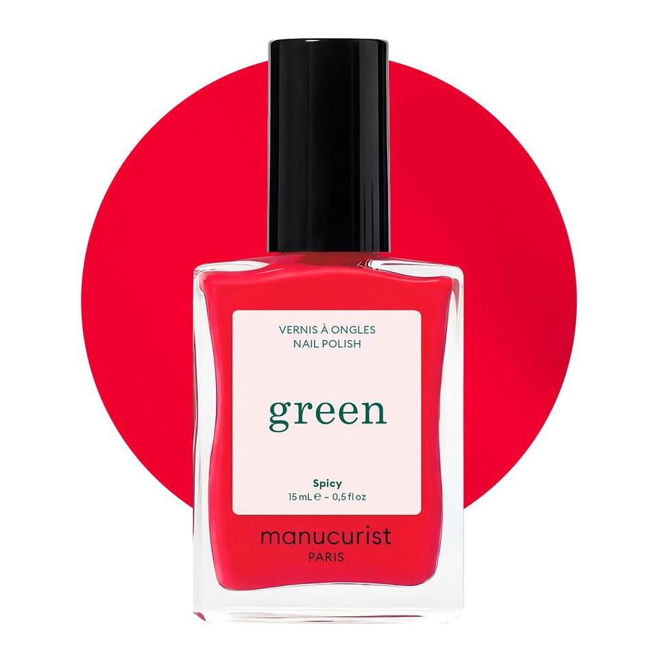 Manucurist Green Spicy front bottle showing vibrant pop-red color and eco appeal