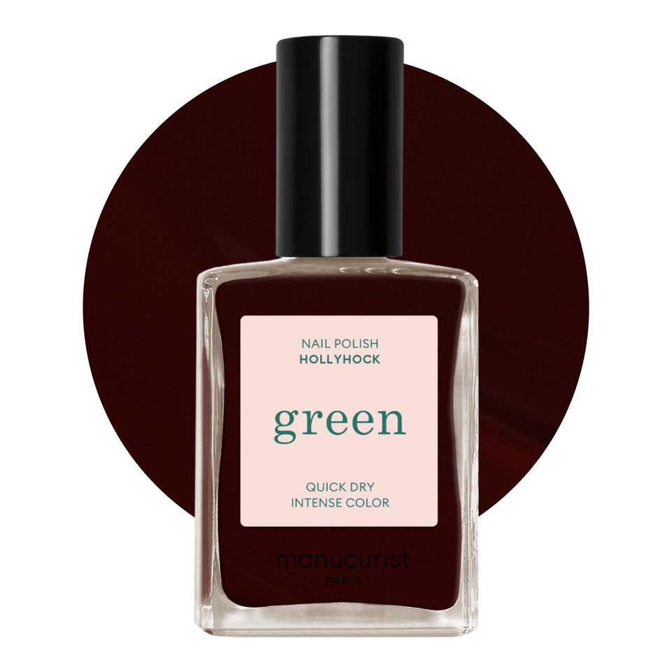 Manucurist bottle Hollyhock front view showing deep blackish red shade and glossy finish