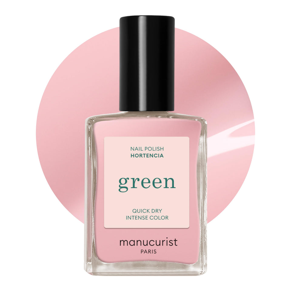 Manucurist bottle front view showing Hortencia pale pink and glossy finish benefit