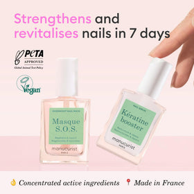 Manucurist keratin booster bottle close-up highlighting the 10% keratin formula for stronger nails
