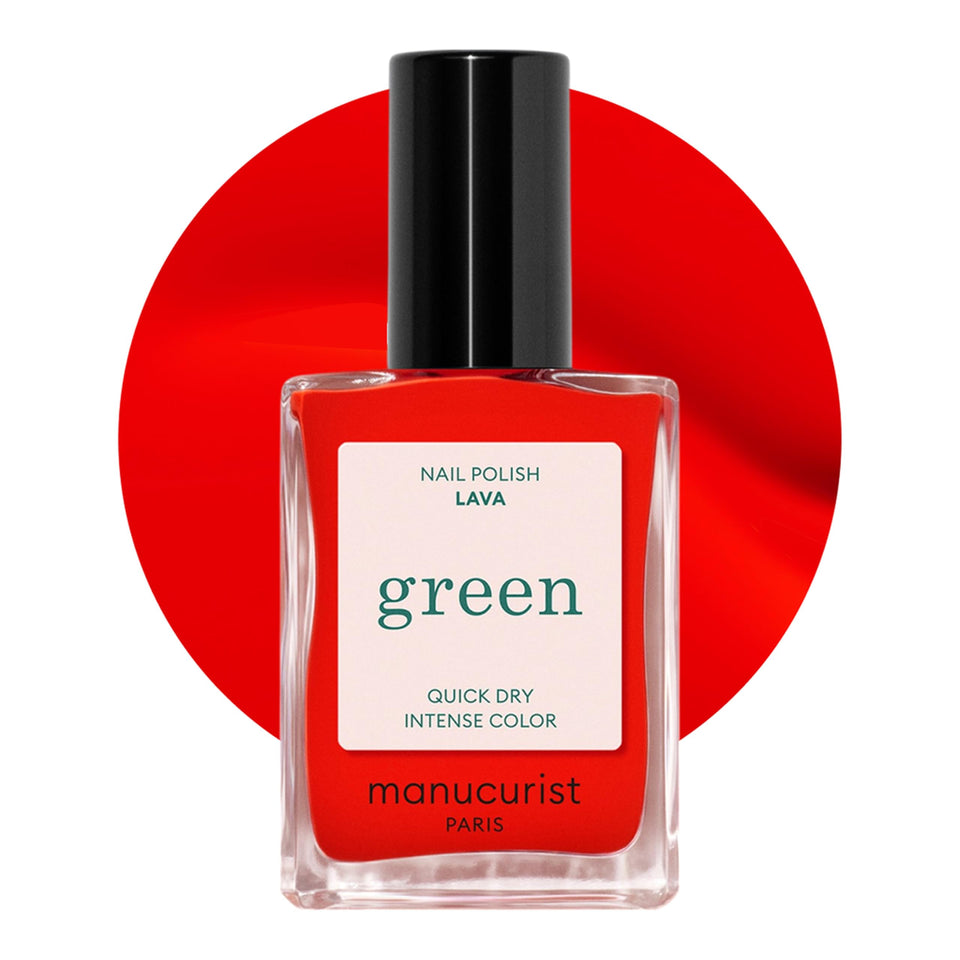 Manucurist Lava front bottle showing label and bright red color benefit vivid shade