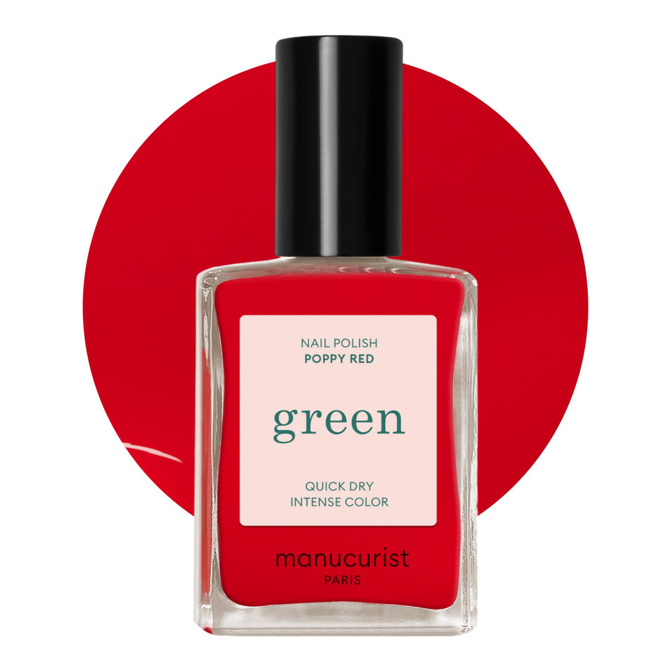 Manucurist bottle front view showing Poppy Red color and label, vibrant polish benefit