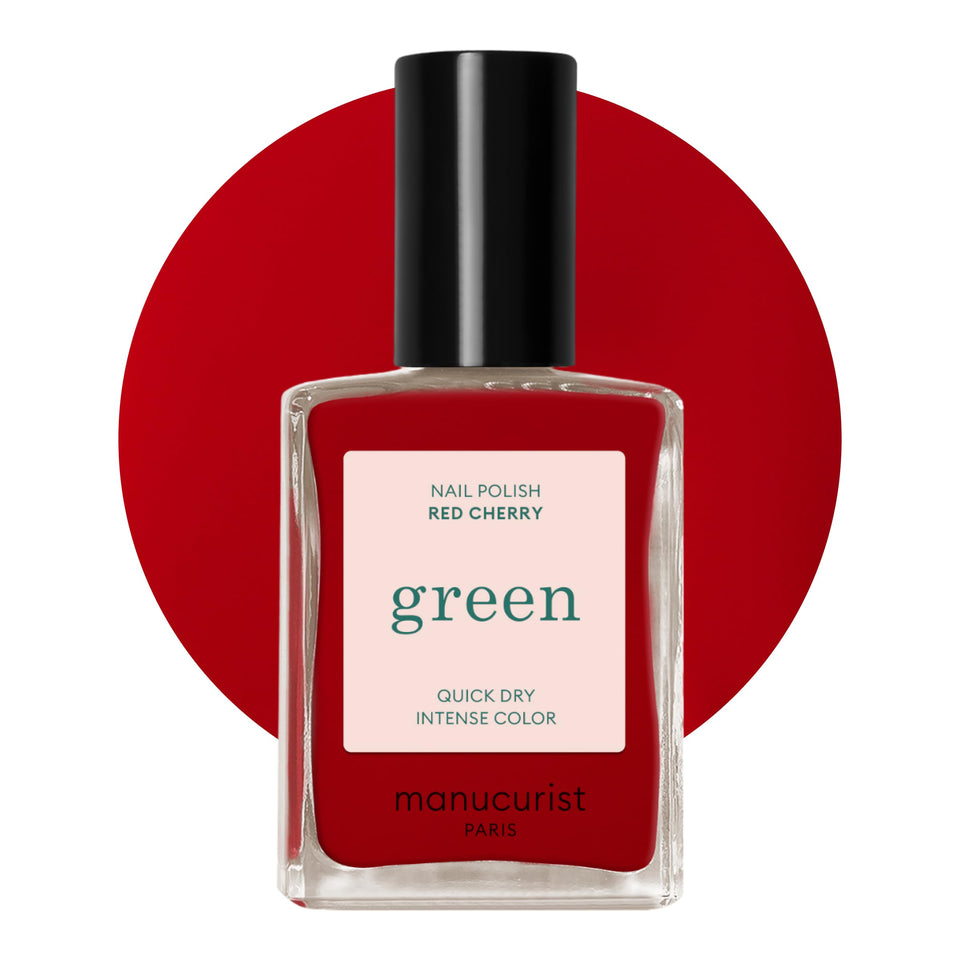 Manucurist bottle front view showing Red Cherry shade and glossy finish benefit