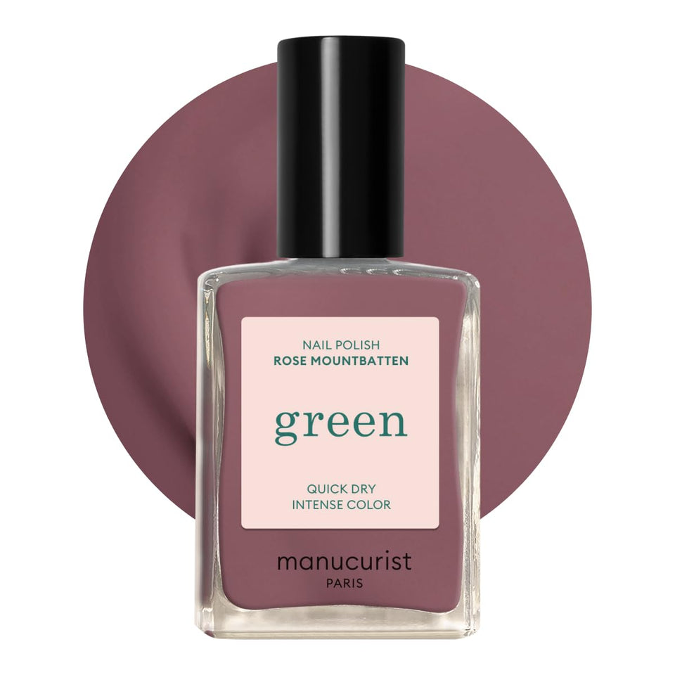 Manucurist front bottle showing rose mountbatten shade and glossy finish benefit