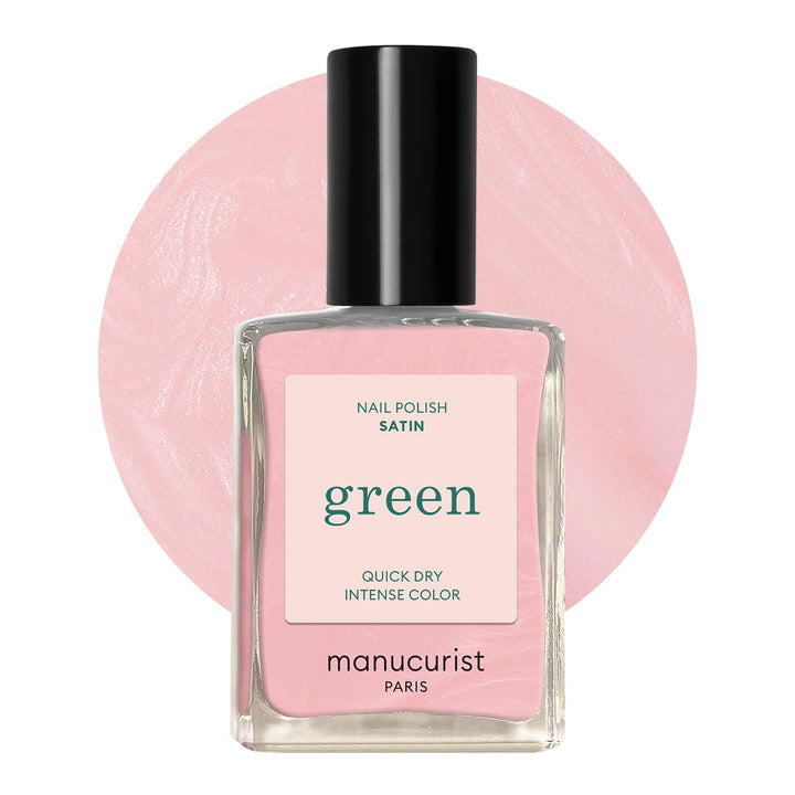Manucurist Satin front bottle showing pearly pale pink and eco-friendly look