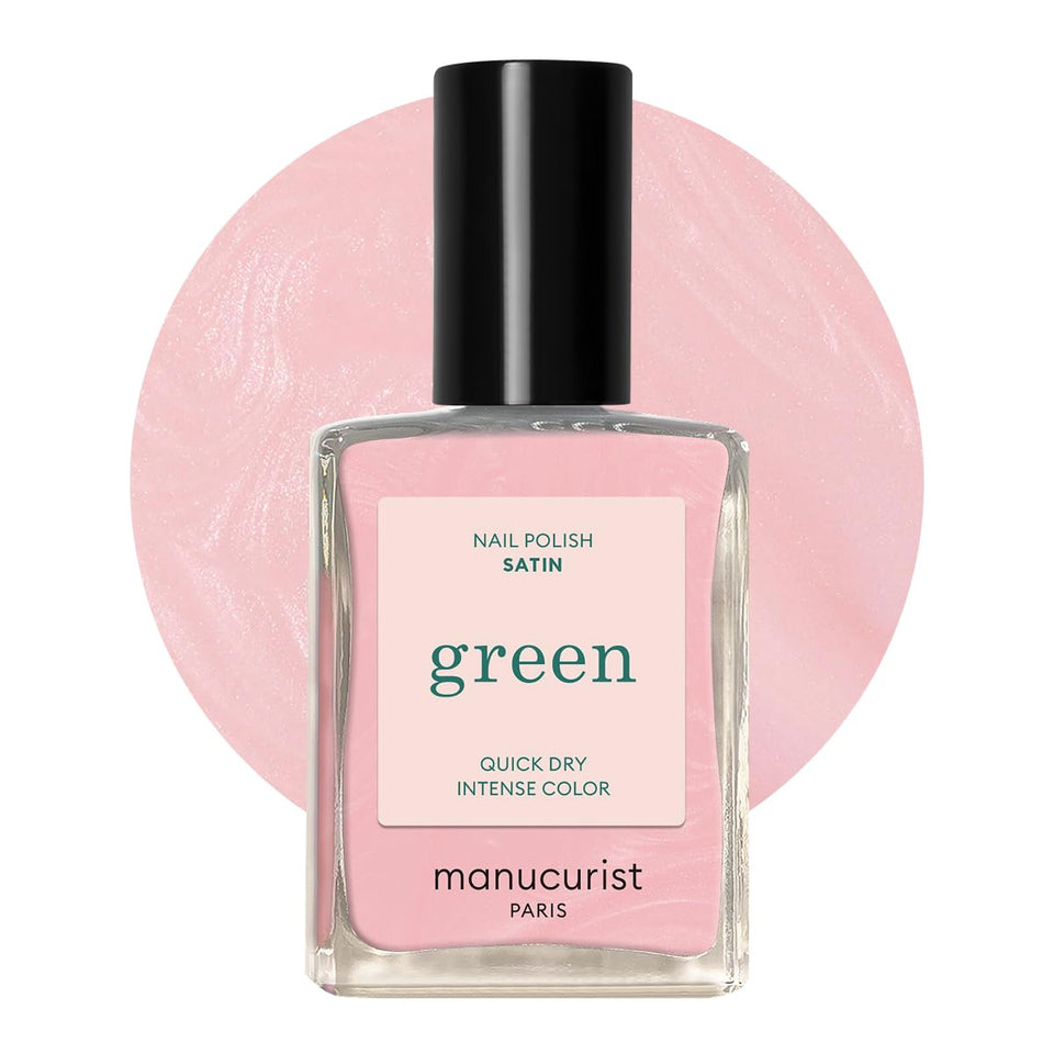 Manucurist Satin front bottle showing pearly pale pink and eco-friendly look