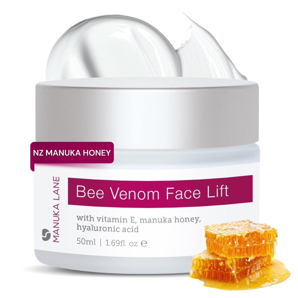 Manuka Lane front jar view showing elegant packaging and visible brand benefits