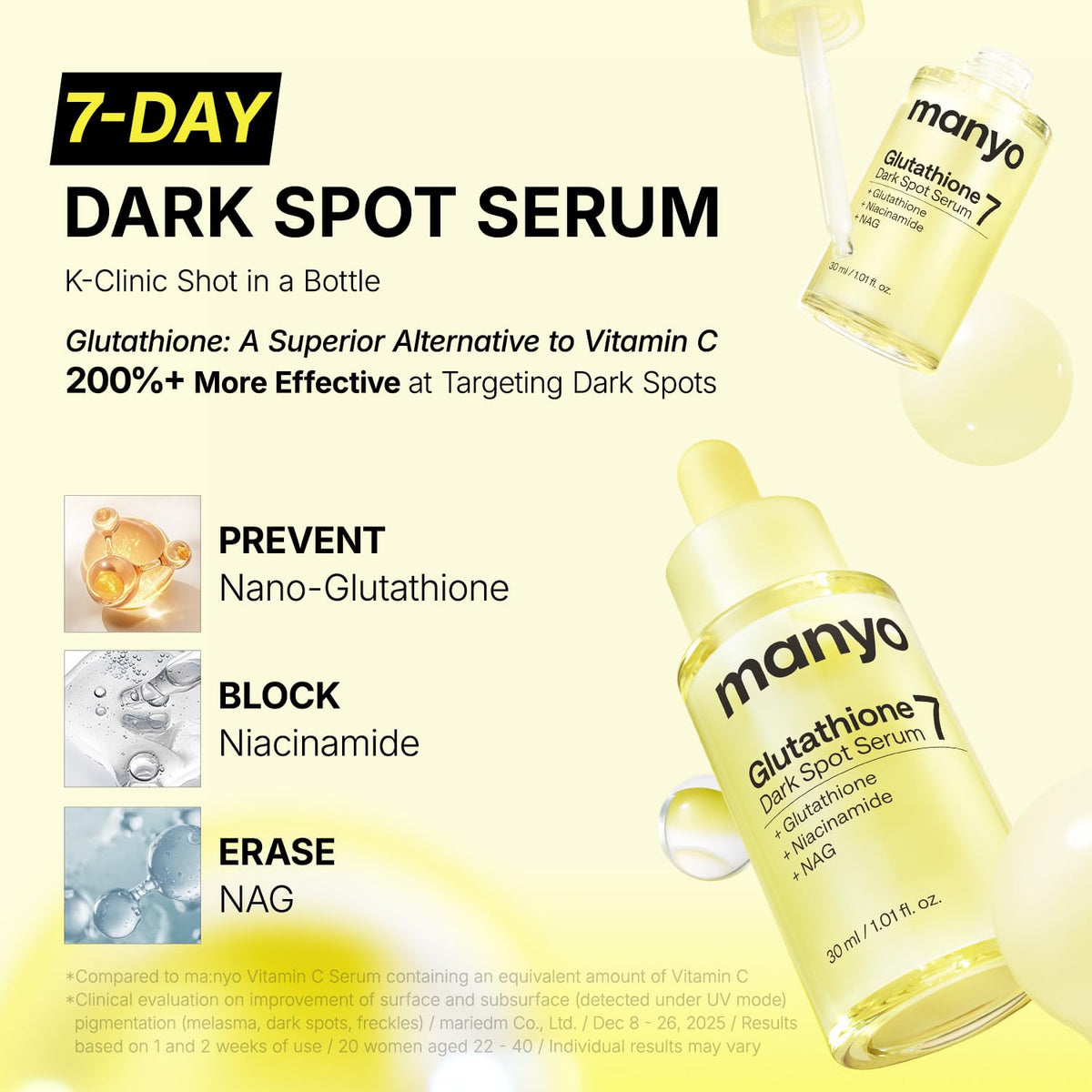 ma:nyo close-up of ingredient panel highlighting niacinamide and glutathione benefits