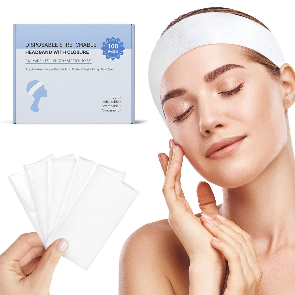 MaopaoBeauty front pack showing 100-count disposable headbands for hygienic supply