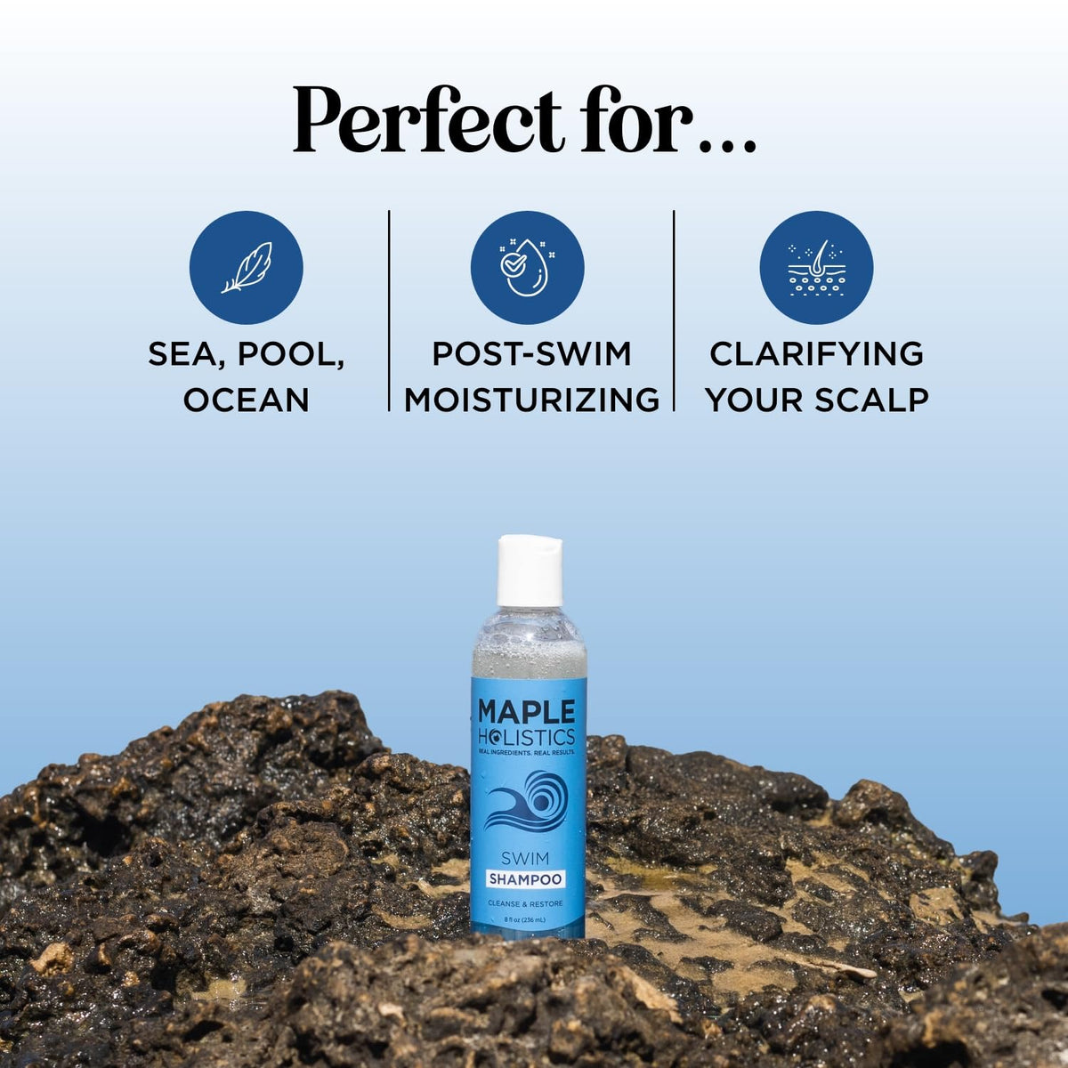 Maple Holistics adult rinsing hair at the beach for fresh post-swim feel