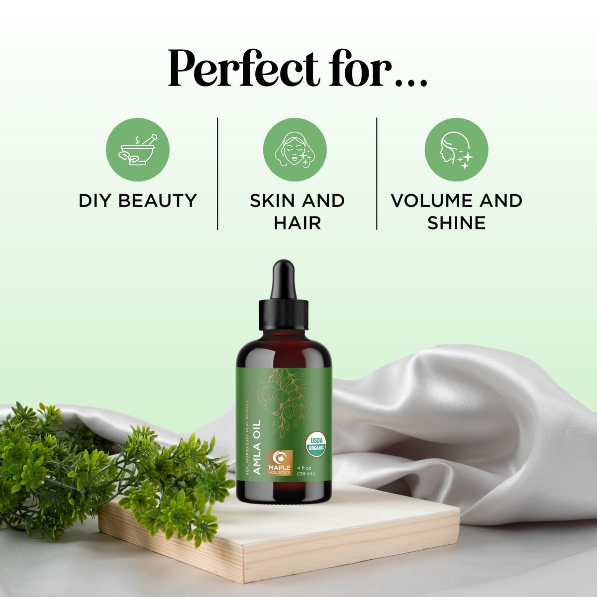 Maple Holistics close-up bottle cap and amber amla oil texture for purity