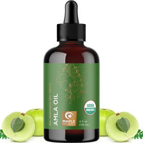 Maple Holistics front bottle view showing organic amla oil and benefits