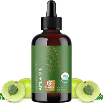 Maple Holistics front bottle view showing organic amla oil and benefits
