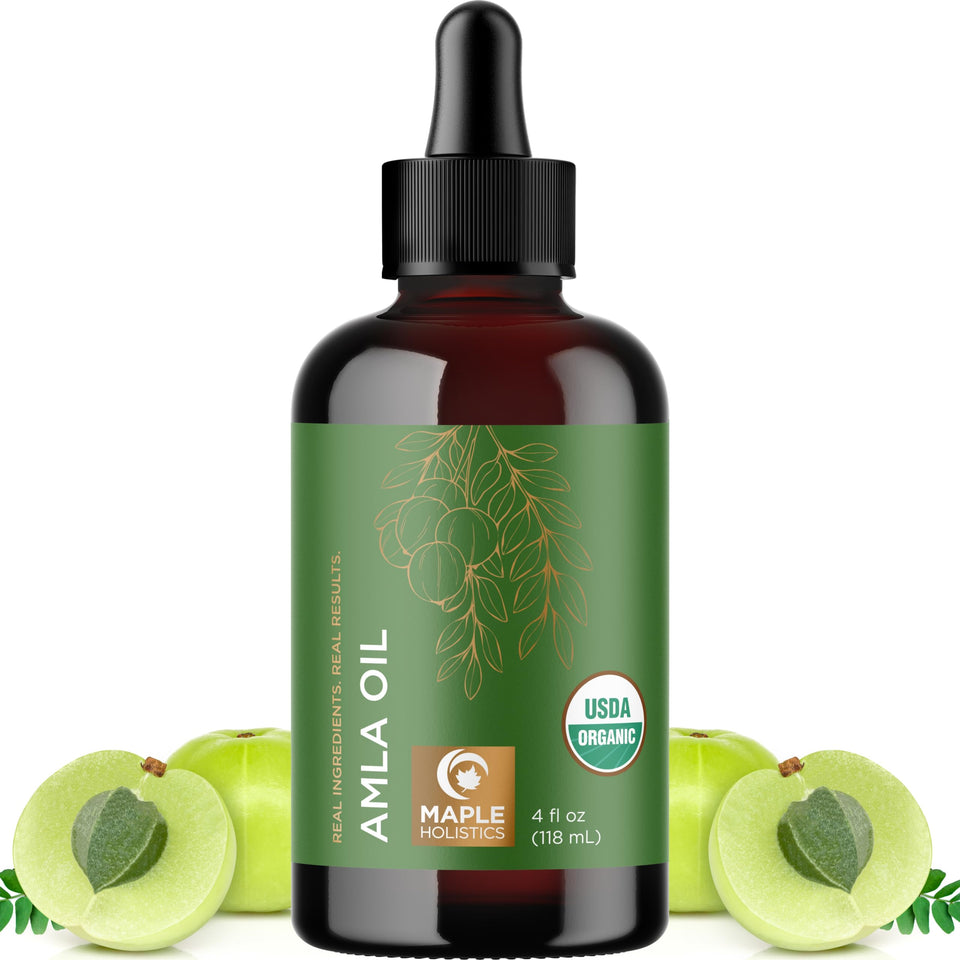 Maple Holistics front bottle view showing organic amla oil and benefits
