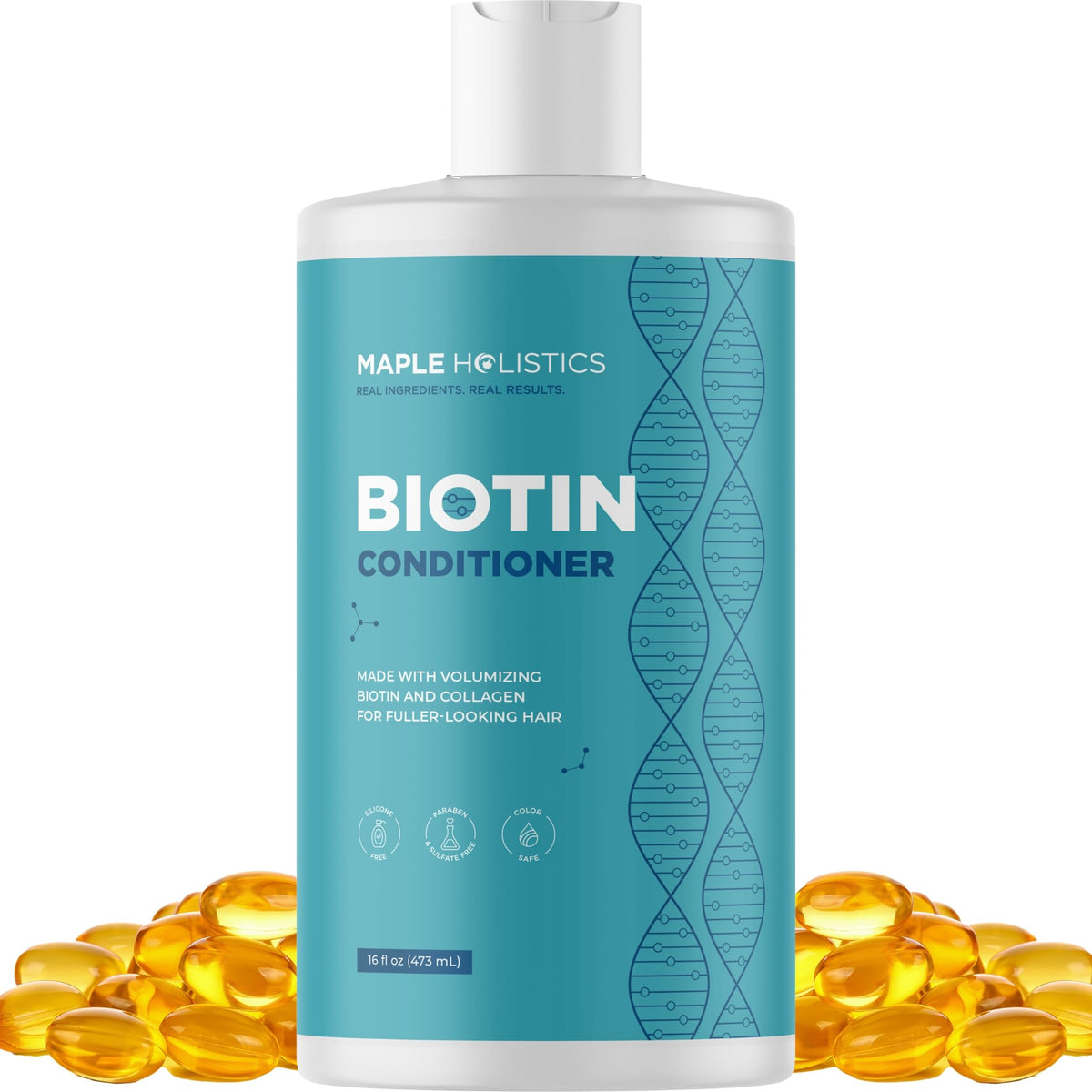 Maple Holistics front bottle view showing clear label and benefit