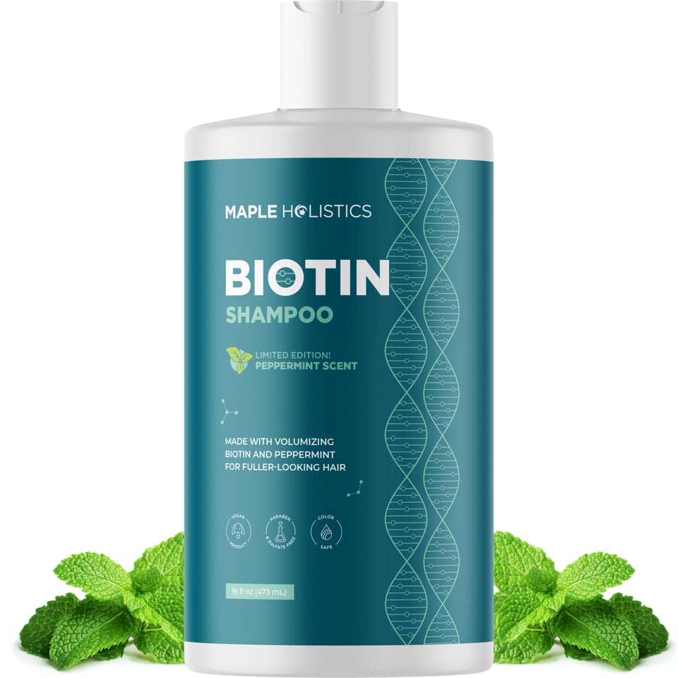Maple Holistics front bottle shot showing volumizing biotin shampoo benefits