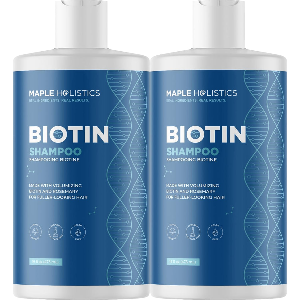 Maple Holistics front bottle view showing rosemary biotin branding and clear benefit