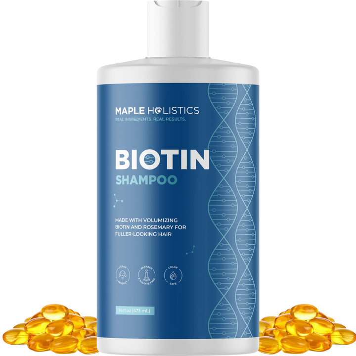 Maple Holistics front bottle view showing clean vegan packaging and volumizing benefit