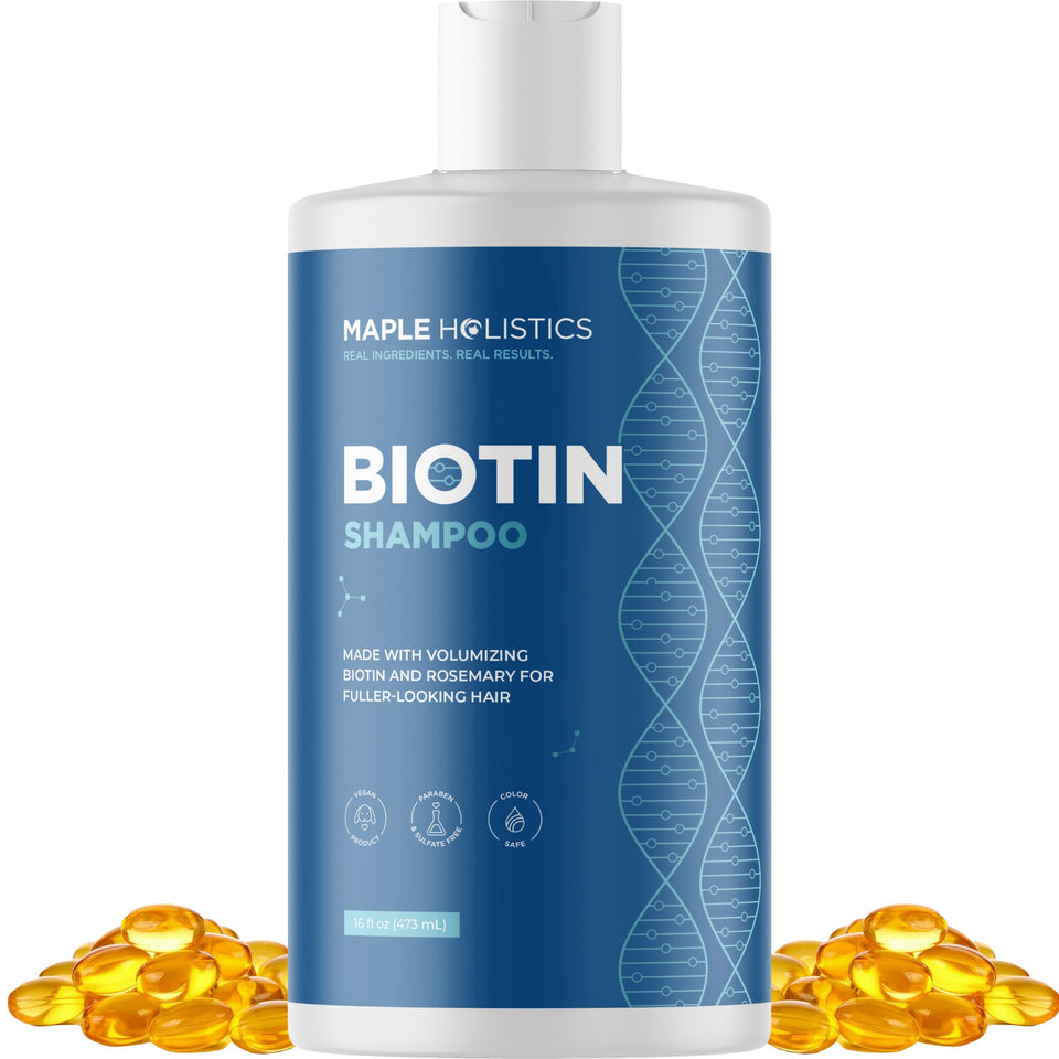 Maple Holistics front bottle view showing clean vegan packaging and volumizing benefit