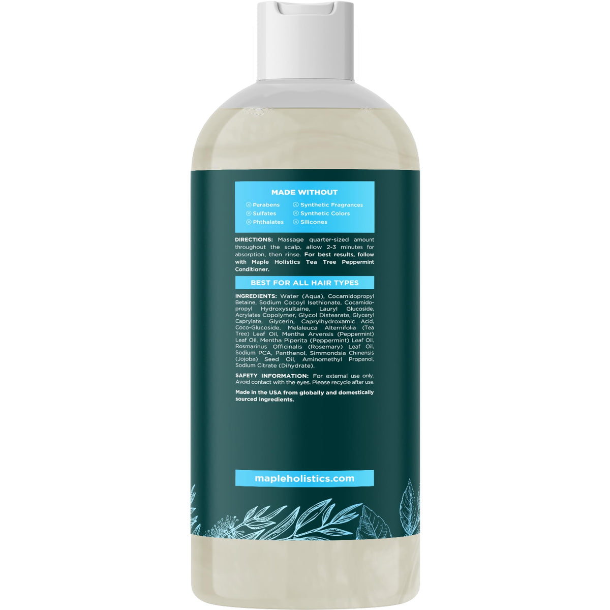 Maple Holistics bottle beside fresh rosemary and peppermint indicating botanical freshness