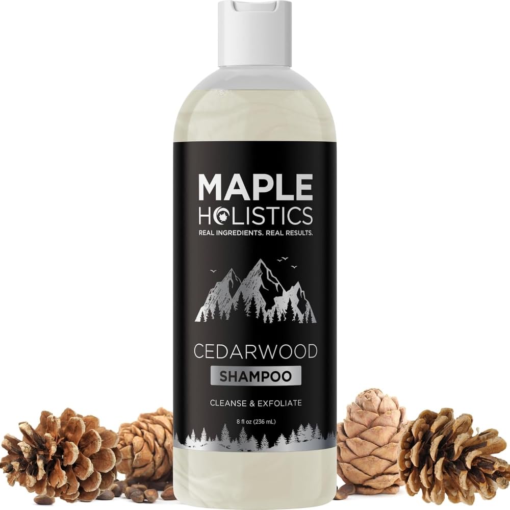 Maple Holistics bottle front packaging showing cedarwood and rosemary benefits