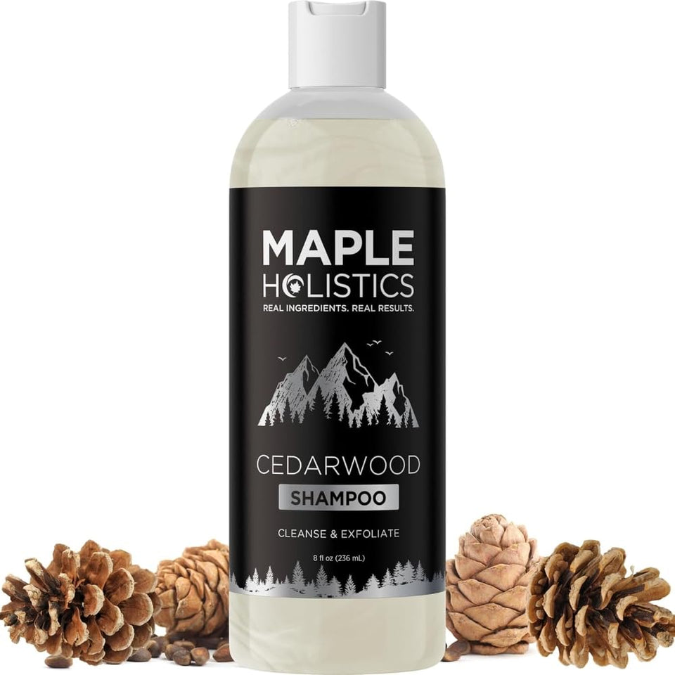 Maple Holistics bottle front packaging showing cedarwood and rosemary benefits