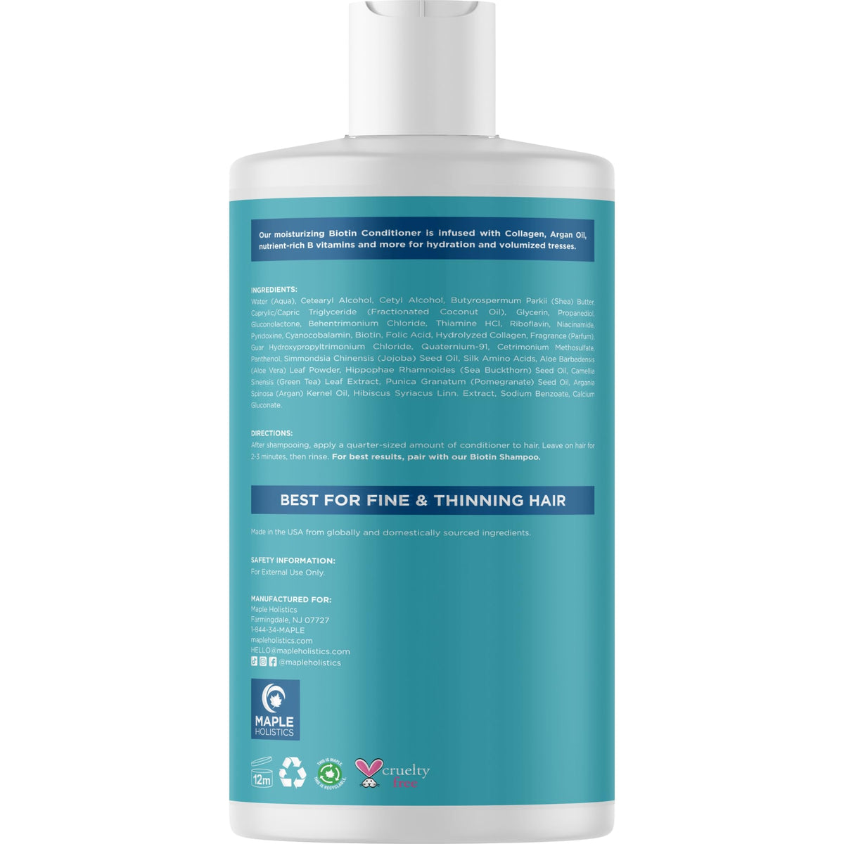 Maple Holistics bottle close-up of label highlighting biotin formula