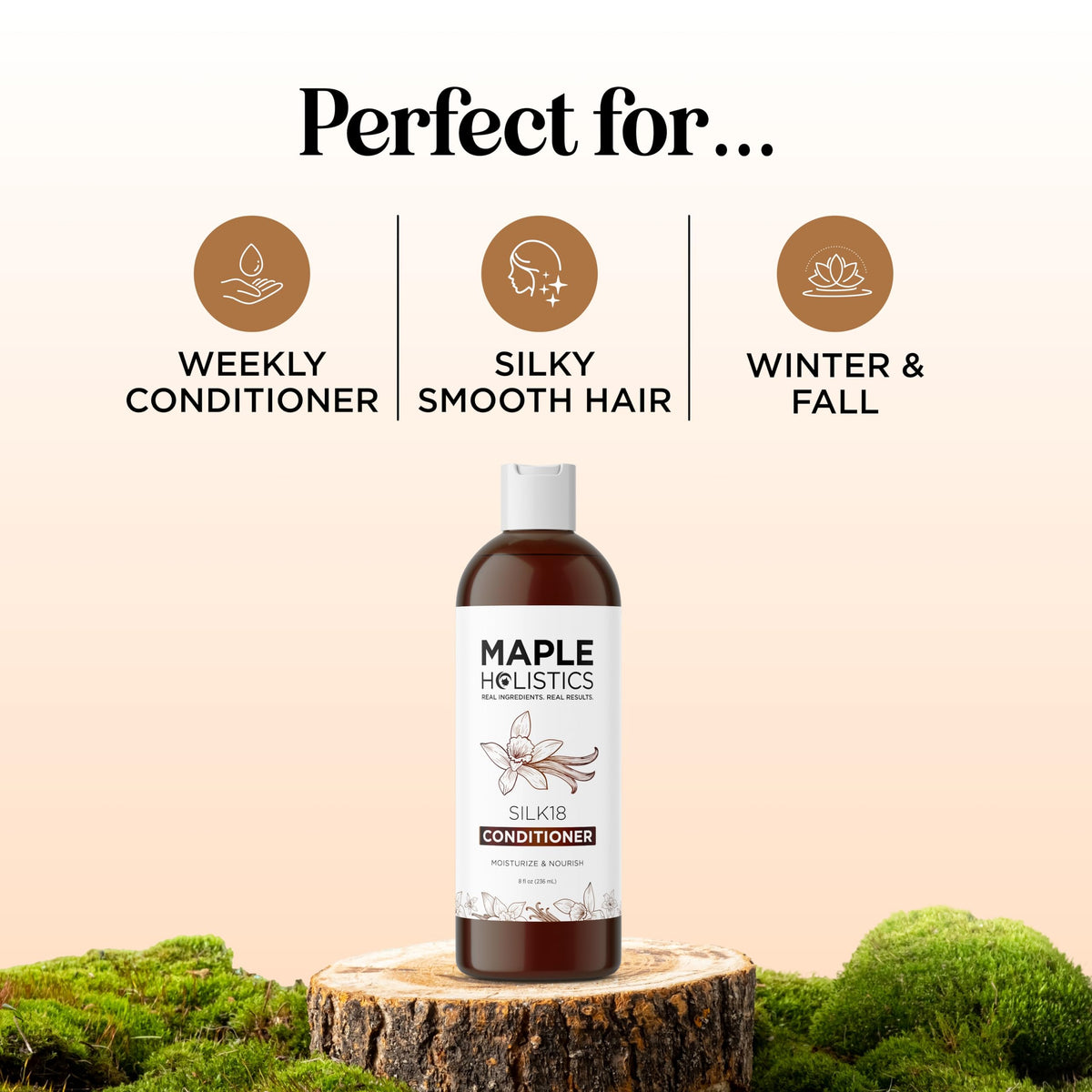 Maple Holistics label closeup highlighting silk protein and moisturizing claims